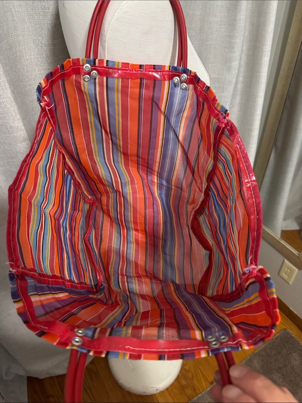 Vintage Woven Plastic Tote Bag-Rainbow Stripes-Mesh Look-Hand Carry Double Strap - Picture 9 of 13